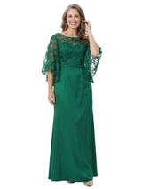 Floor-Length Silky Satin Mother Of The Bride Gown Lace Cape Sleeve