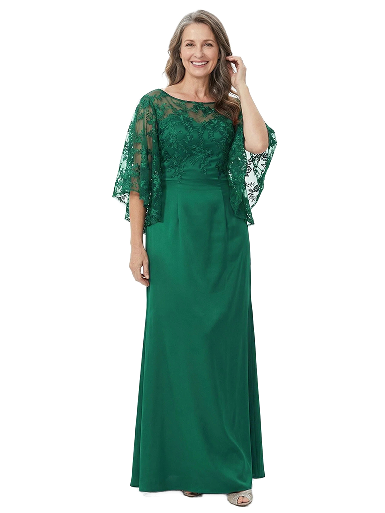 Floor-Length Silky Satin Mother Of The Bride Gown Lace Cape Sleeve