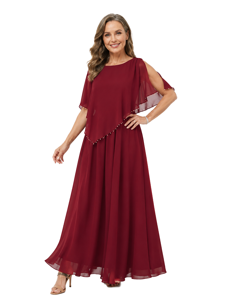 ChicSew Pretty Cold Shoulder Chiffon Overlay Beaded Floor Length Casual Elegant Mother of the Groom Gown