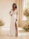 ChicSew Modern V-Neck Long Sleeves Lace Crepe Mermaid Maxi Wedding Dress With Side Slit