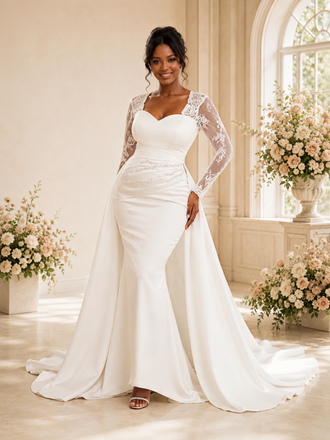 ChicSew Modern Satin Lace Long Sleeves Ruching Mermaid Floor-Length Wedding Dress