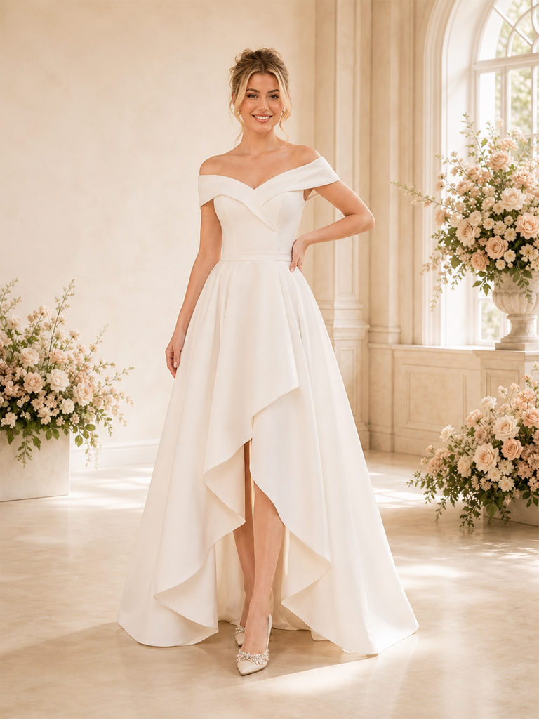 ChicSew Classy A-Line Off The Shoulder Pleated Crepe High-Low Long Wedding Dress