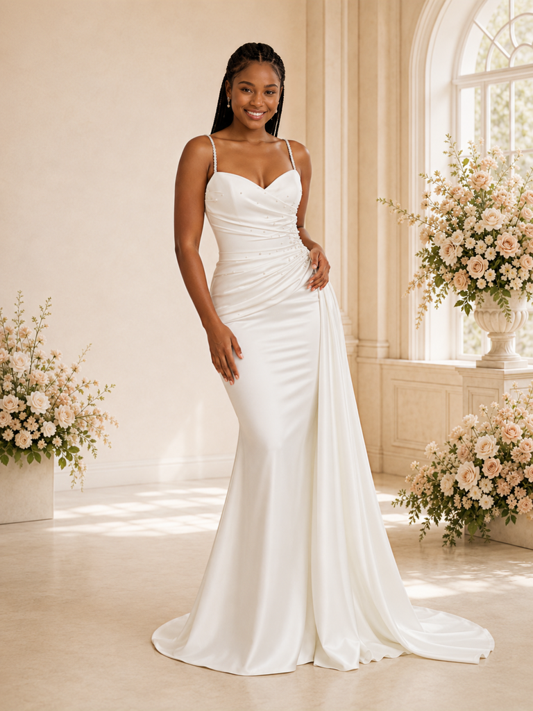 ChicSew Fancy Spaghetti Straps Satin Beaded Mermaid Floor-Length Wedding Dress