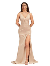 Elegant Spaghetti Straps V-Neck Side Slit Mermaid Stretch Satin Long Bridesmaid Dresses