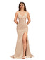 Elegant Spaghetti Straps V-Neck Side Slit Mermaid Stretch Satin Long Bridesmaid Dresses