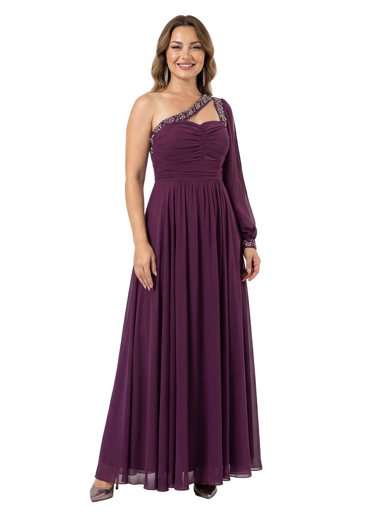 Sexy One Shoulder Long Sleeve  A-Line Mother of The Bride Chiffon Flowy Party Gown