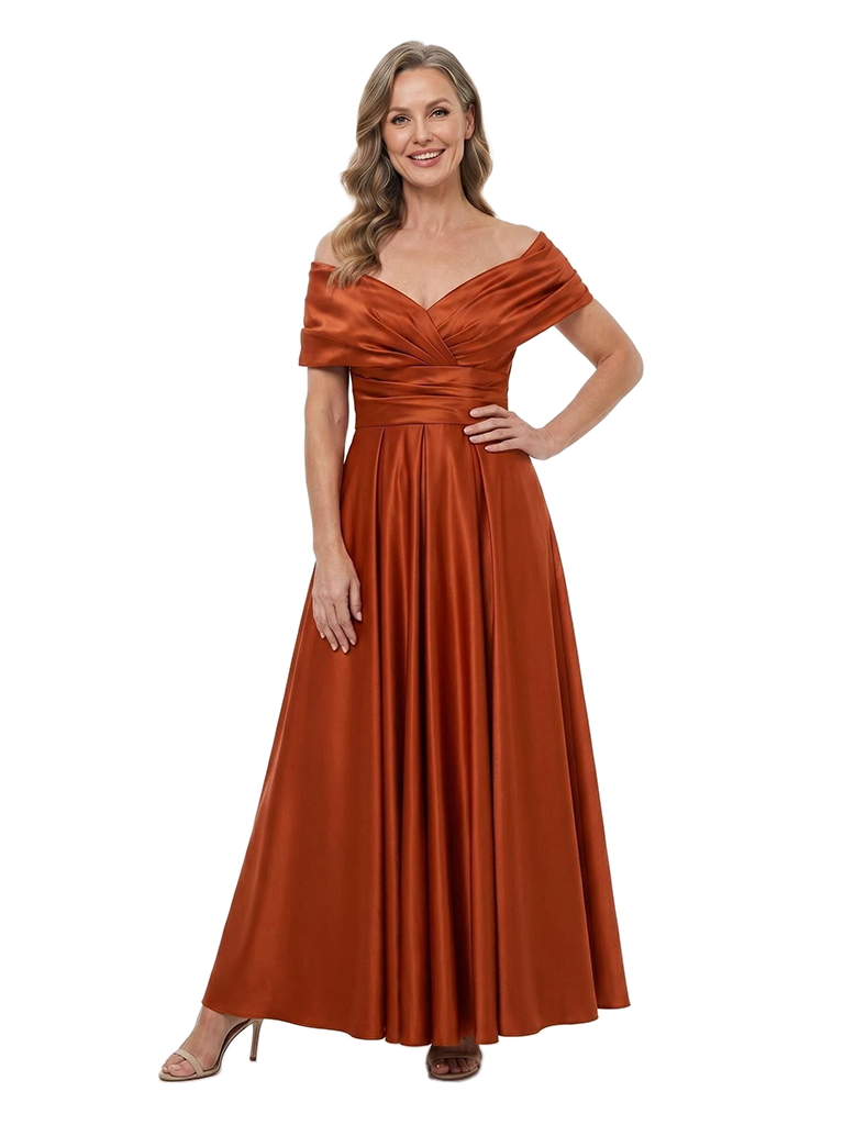 ChicSew Off Shoulder Satin Floor-Length Ruched A-Line Mother of the Bride Dress