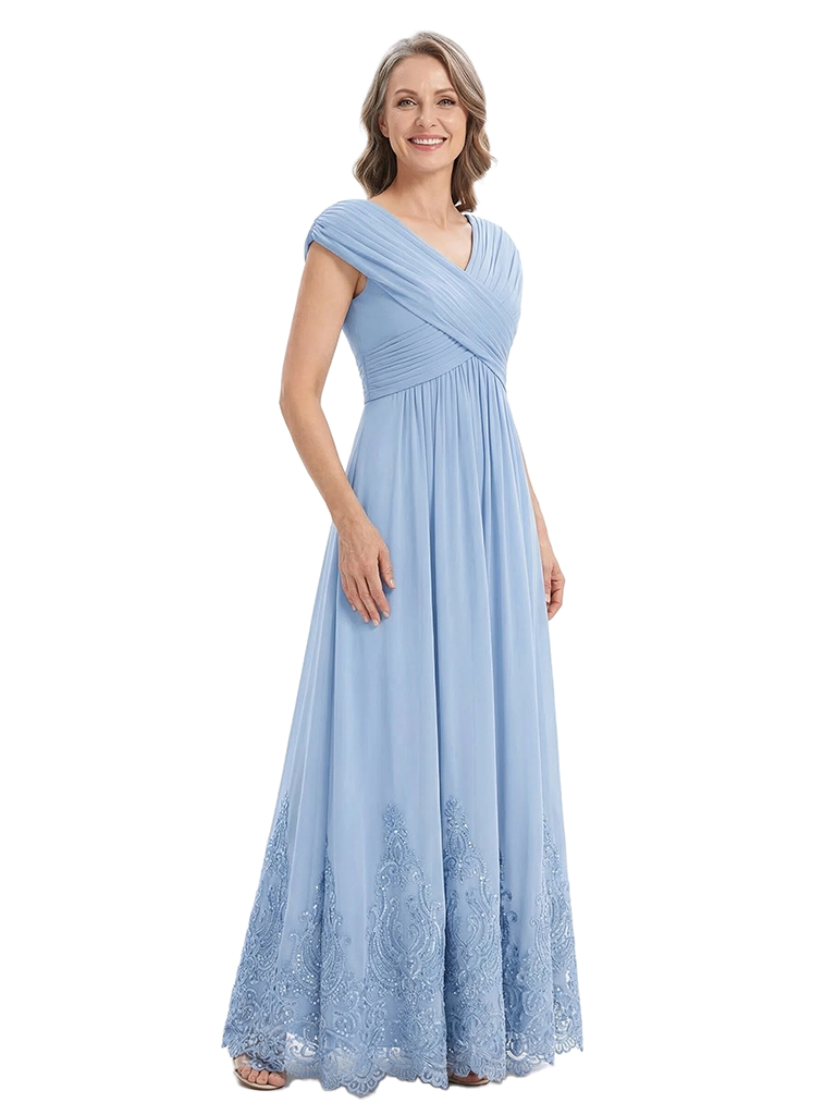 ChicSew V-Neck Cap Sleeves Lace Chiffon A-Line Mother Of The Bride Long Dress