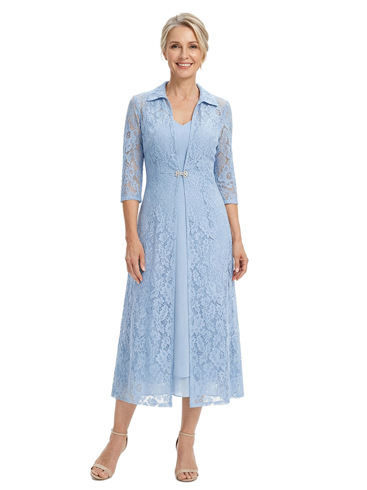 ChicSew V-Neck Short Chiffon Mother of the Bride Dresses With Long Sleeve Lace Jacket