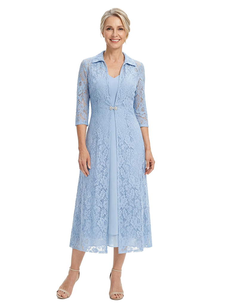 ChicSew V-Neck Short Chiffon Mother of the Bride Dresses With Long Sleeve Lace Jacket