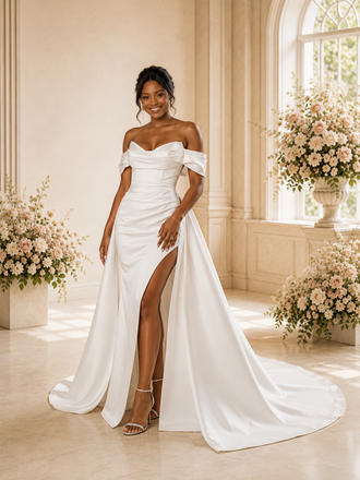 ChicSew Fancy Off The Shouder Ruching Mermaid Satin Long Wedding Dress With Side Slit