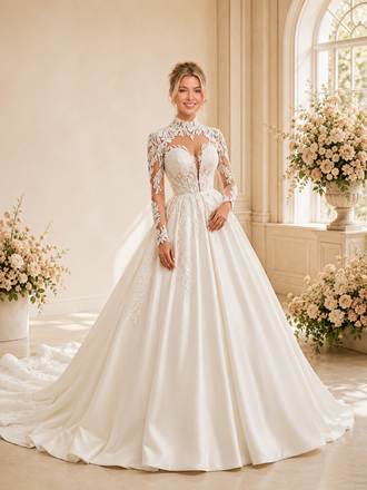 ChicSew Elegant High Neck Long Sleeve Lace Appliques Satin A-Line Long Wedding Dress