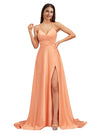Sexy Spaghetti Straps A-Line Soft Satin Criss cross Side Slit Long Bridesmaid Dresses