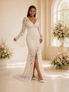 ChicSew Unique V-Neck Lace Appliques Long Sleeves Side Slit Maxi Mermaid Wedding Dress