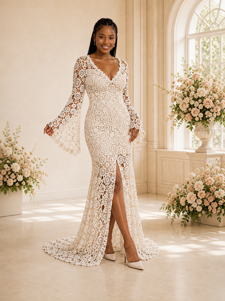 ChicSew Unique V-Neck Lace Appliques Long Sleeves Side Slit Maxi Mermaid Wedding Dress
