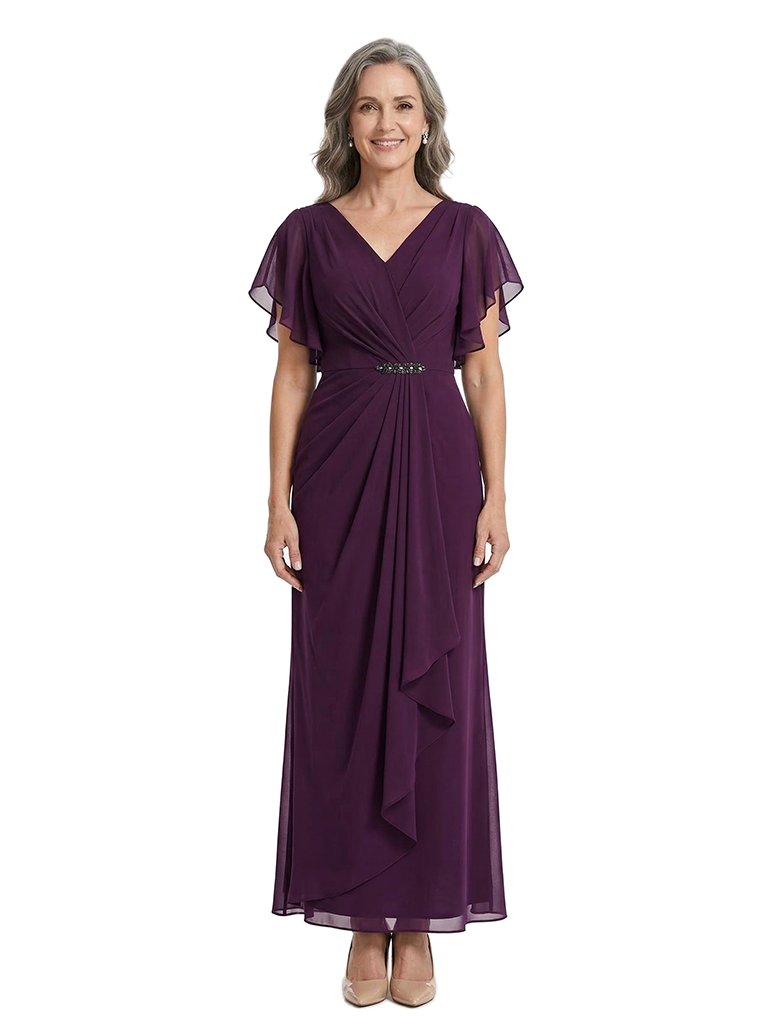 ChicSew V-Neck Short Sleeves Ruffle Ankle-Length Chiffon Elegant Mom Of The Groom Dresses
