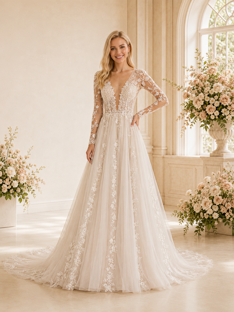 ChicSew Elegant Pretty Deep V-Neck Long Sleeves A-Line Lace Applique Tulle Floor-Length Wedding Dress