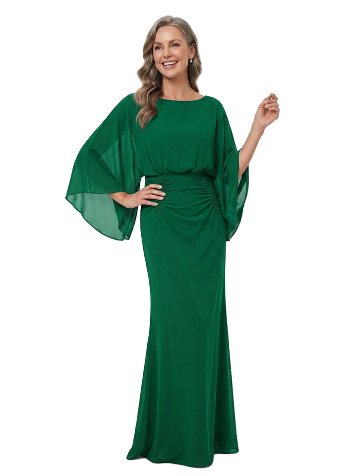 ChicSew Cape Sleeve Boat Neck Ruched Chiffon Sheath Mother Of The Bride Dresses Graceful Pretty