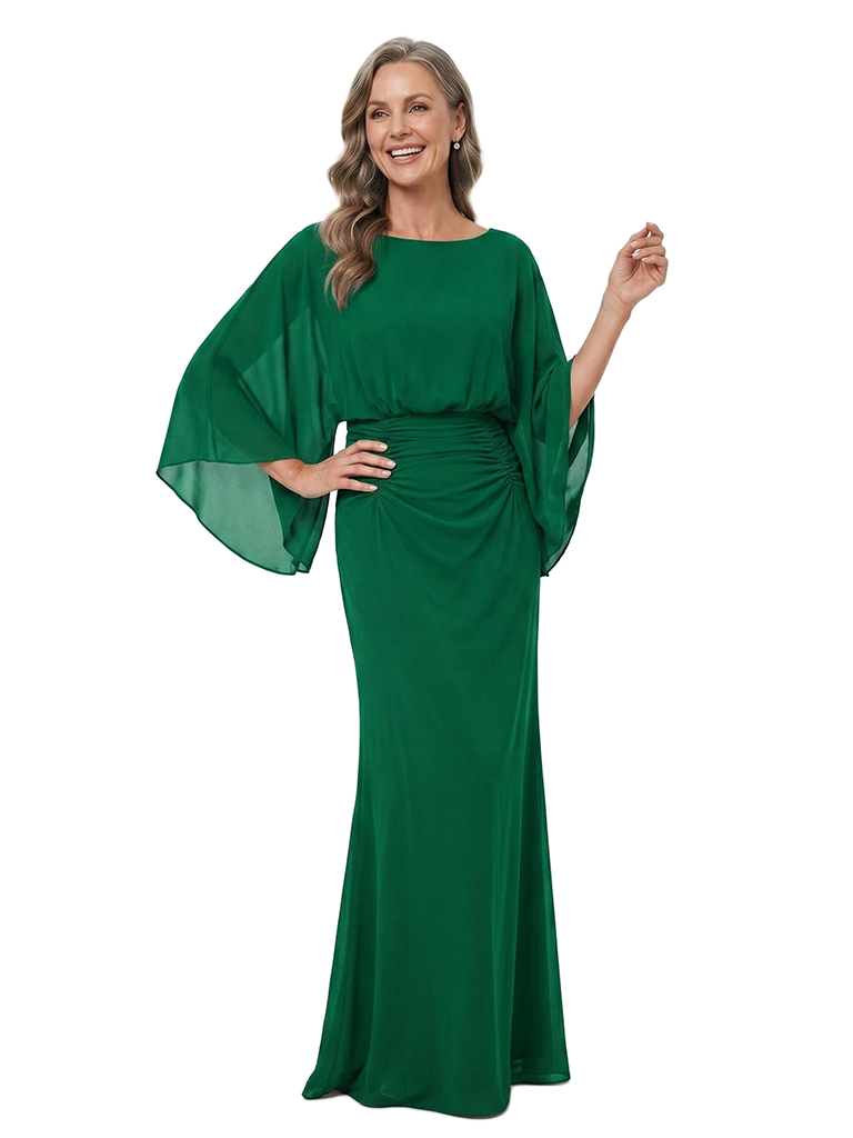 ChicSew Cape Sleeve Boat Neck Ruched Chiffon Sheath Mother Of The Bride Dresses Graceful Pretty