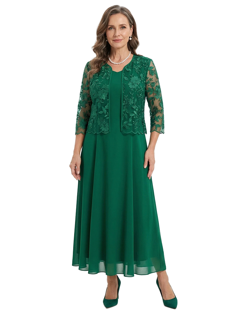 ChicSew Modern Chiffon Midi Mother Of The Groom Gown and Long Sleeve Lace Jacket