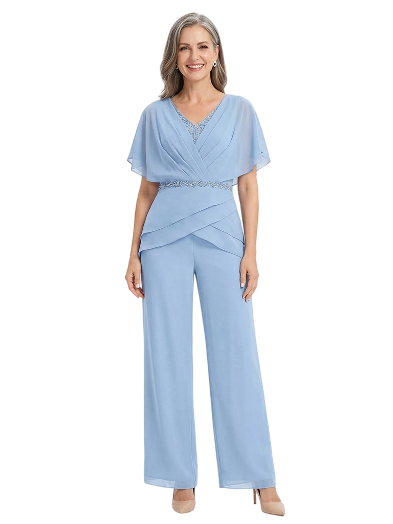 ChicSew V-Neck Flutter Sleeves Beaded Jumpsuit For Mother Of The Bride Chiffon Pant Suit