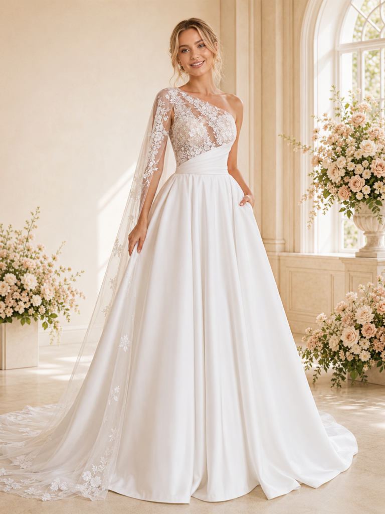 ChicSew Romantic Asymmetric Lace Satin A-Line Maxi Wedding Dress