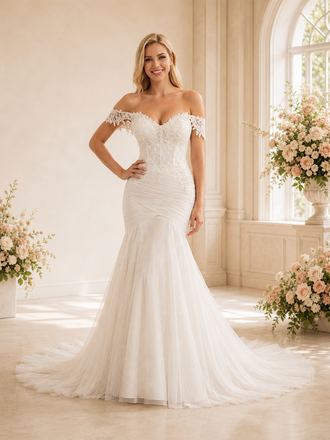 ChicSew Delicate Off The Shoulder Mermaid Lace Tulle Maxi Wedding Dresses With Pleats