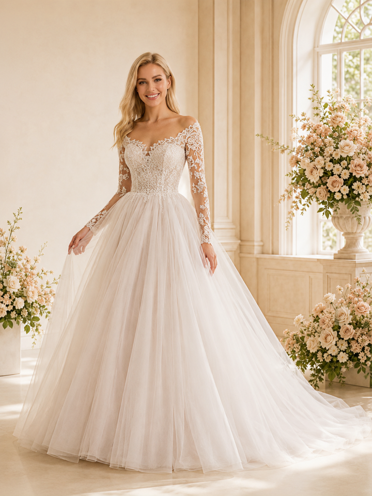 ChicSew Elegant Pretty Long Sleeves A-Line Lace Tulle Floor-Length Wedding Dress With Applique