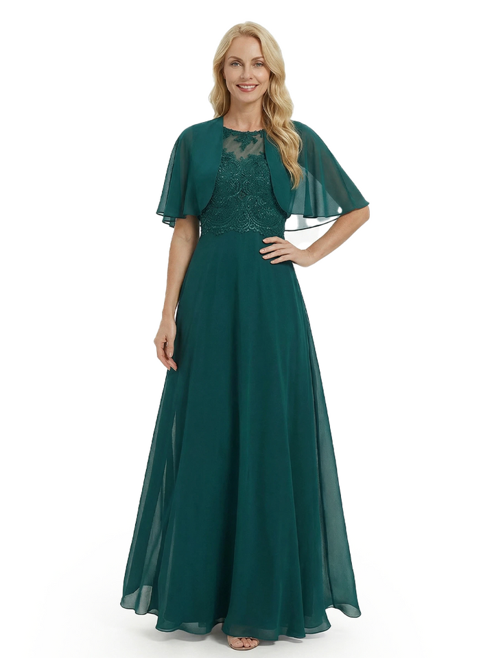 Chicsew Elegant Mother Of The Bride Dress Short Sleeves Lace Chiffon Floor-Length A-Line Gown