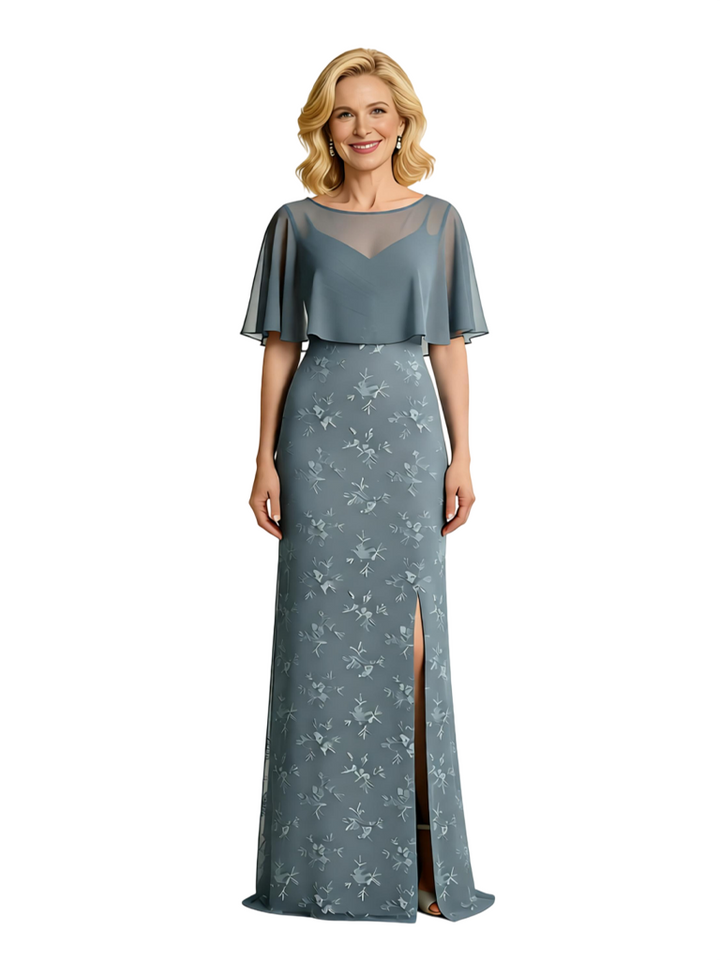 Unique Sheer Cape Overlay Lace Chiffon Mother Of The Bride Dress With Slit
