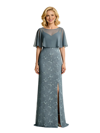Unique Sheer Cape Overlay Lace Chiffon Mother Of The Bride Dress With Slit