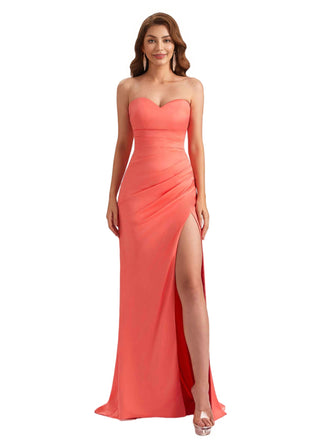 Sexy Soft Satin Sweetheart Mermaid Side Slit Unique Long Bridesmaid Dresses