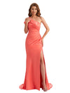 Morden Silky Satin One Shoulder Mermaid Side Slit Ruched Long Bridesmaid Dresses Online