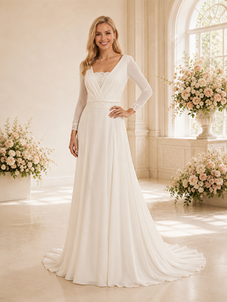 ChicSew Classy Unique Lace V-Neck Long Sleeves Chiffon A-Line Floor-Length Wedding Dress
