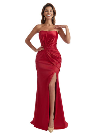 Sexy Sweetheart Mermaid Satin Unique Long Bridesmaid Dresses Side Slit