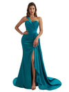 Elegant One Shoulder Mermaid Ruched Satin Chic Long Bridesmaid Dresses Slit Online