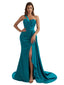 Elegant One Shoulder Mermaid Ruched Satin Chic Long Bridesmaid Dresses Slit Online