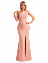 Elegant One Shoulder Side Slit Mermaid Jersey Long Formal Dresses For Women