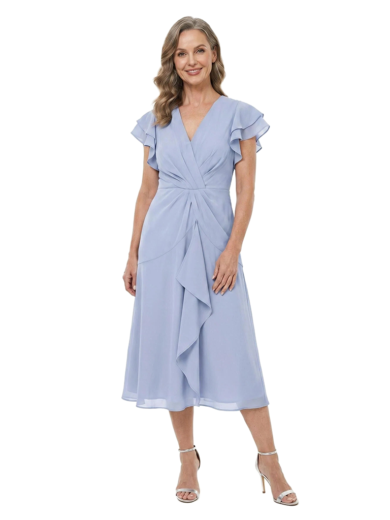 ChicSew Flutter Sleeves V-Neck Chiffon A-Line Midi Mother Of The Groom Dress With Ruffle