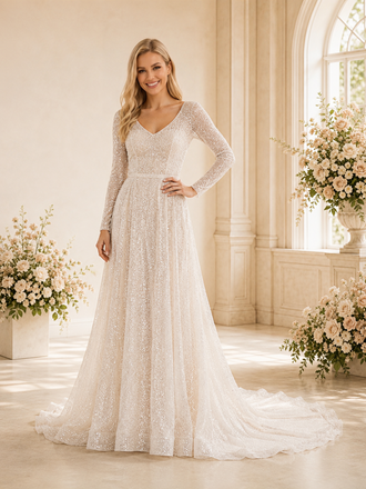 ChicSew Romantic A-Line V-Neck Long Sleeves Beaded Tulle Floor-Length Wedding Dresses With Train