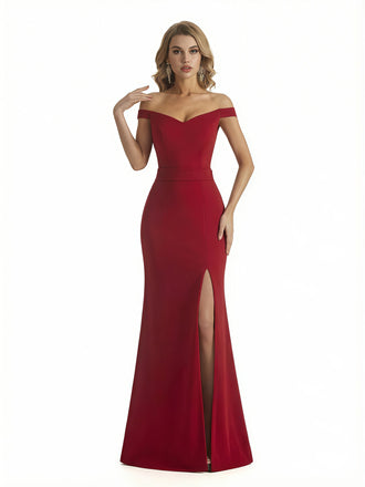 Women's Elegant Jersey Off The Shoulder Side Slit Bow Knot Mermaid Maxi Evening Dresses