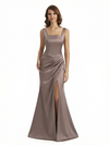 Sexy Ruched Square Neckline Mermaid Side Slit Silky Satin Maxi Evening Gowns For Women