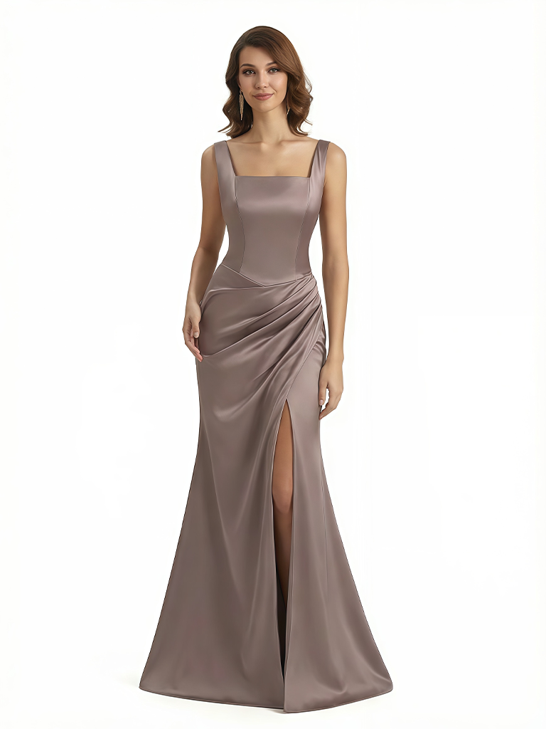 Sexy Ruched Square Neckline Mermaid Side Slit Silky Satin Maxi Evening Gowns For Women
