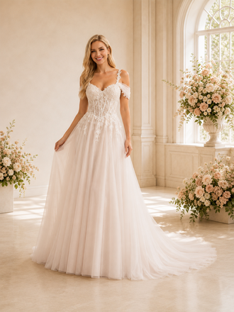 ChicSew Unique A-Line Cold Shoulder Lace Tulle Sleeveless Long Wedding Dresses With Train
