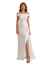 Unique Mermaid Off Shoulder Soft Satin Side Slit Long Bridesmaid Dresses
