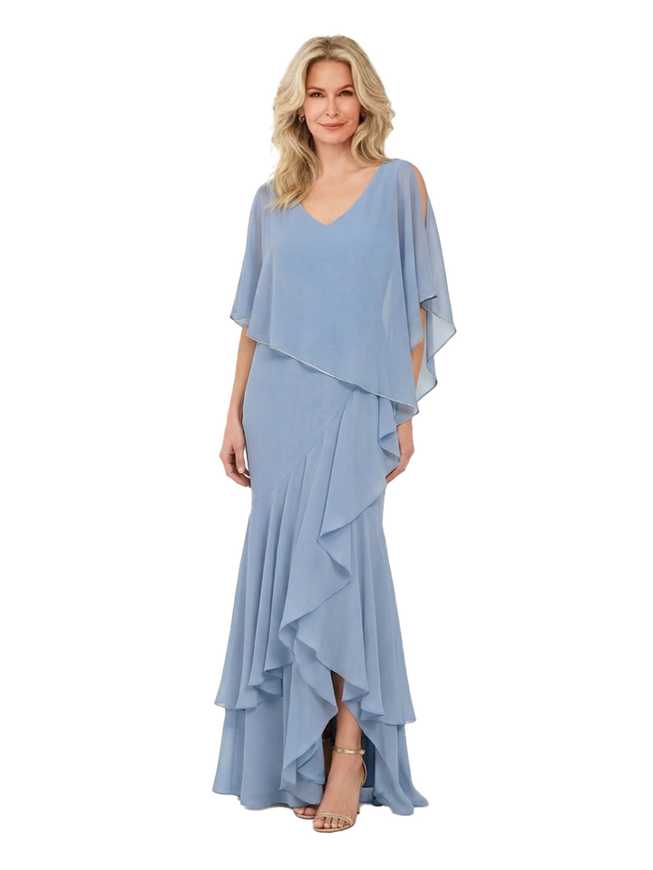 Pretty Ruffle Mother of the Groom Gown Chiffon V-Neck Cold Shoulder Maxi Dress