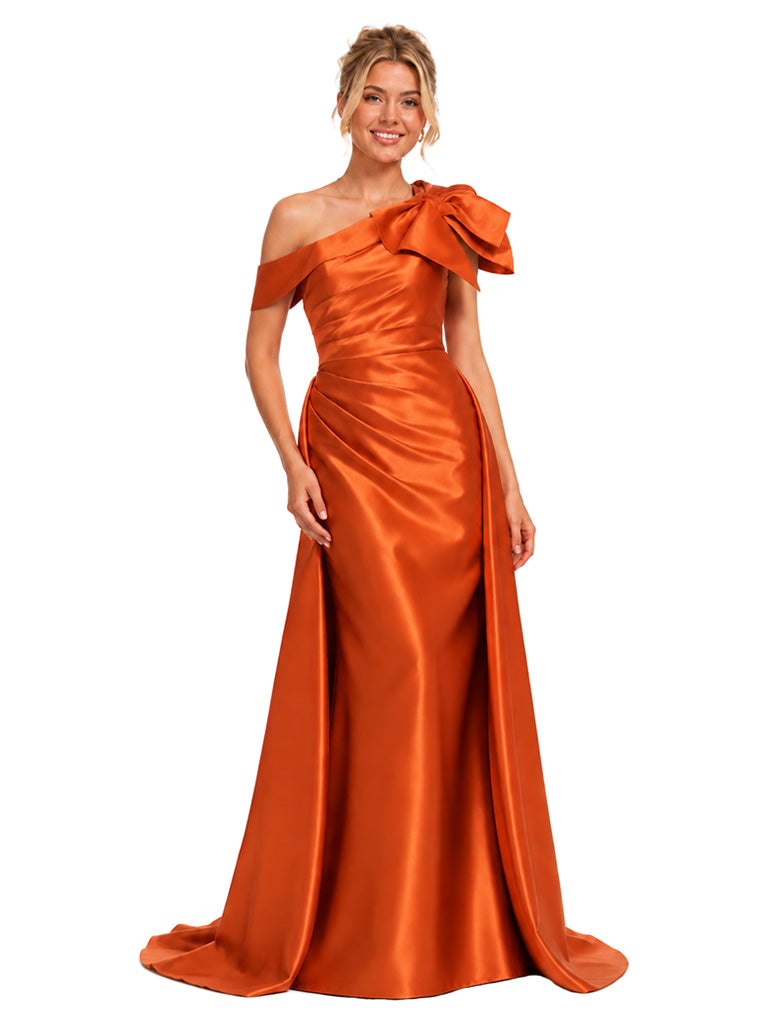 ChicSew Fancy One Shoulder Satin Formal Bridesmaid Gown With Oversized Bow Knot Mermaid Dresses