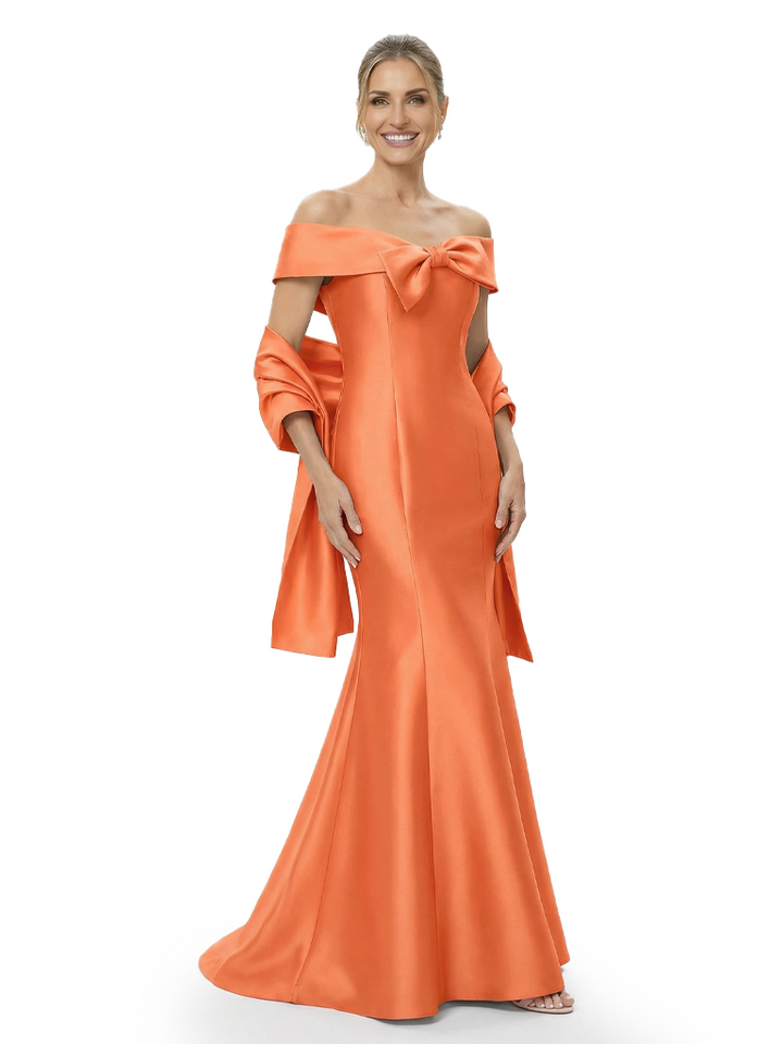 Beautiful Off Shoulder Bow Knot Satin Mermaid Mother Of The Bride Dresses