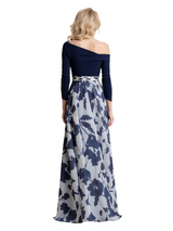 Elegant Dark-Navy Floral Chiffon Long Sleeves A-Line Long Mother Of The Bride Dresses