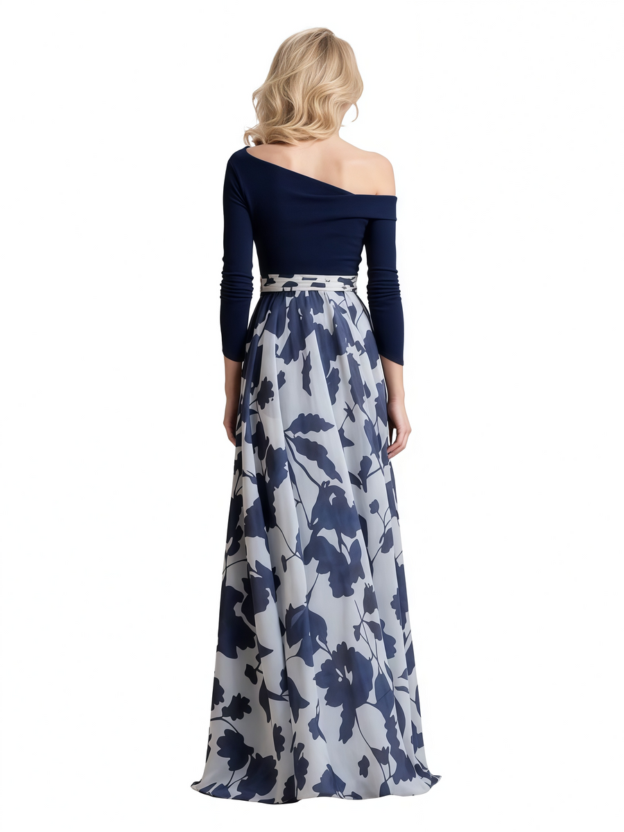 Elegant Dark-Navy Floral Chiffon Long Sleeves A-Line Long Mother Of The Bride Dresses